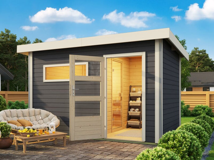 Karibu Saunahaus Skrollan 2, inkl.  9 kW Ofen ext. Steuerung HUUM, Moderne Tür, Terragrau