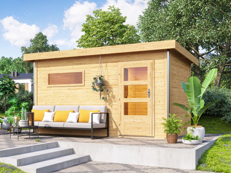 Karibu Saunahaus Skrollan 3, inkl. 9 kW Ofen ext. Steuerung HUUM - Moderne Tür
