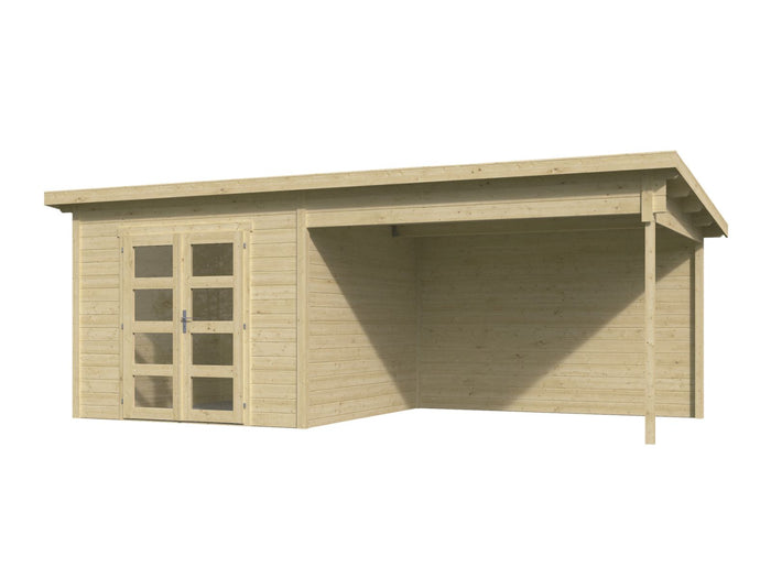 Wolff Finnhaus Gartenhaus Ole 6028, 28 mm, mit Anbau und Rückwand, naturbelassen