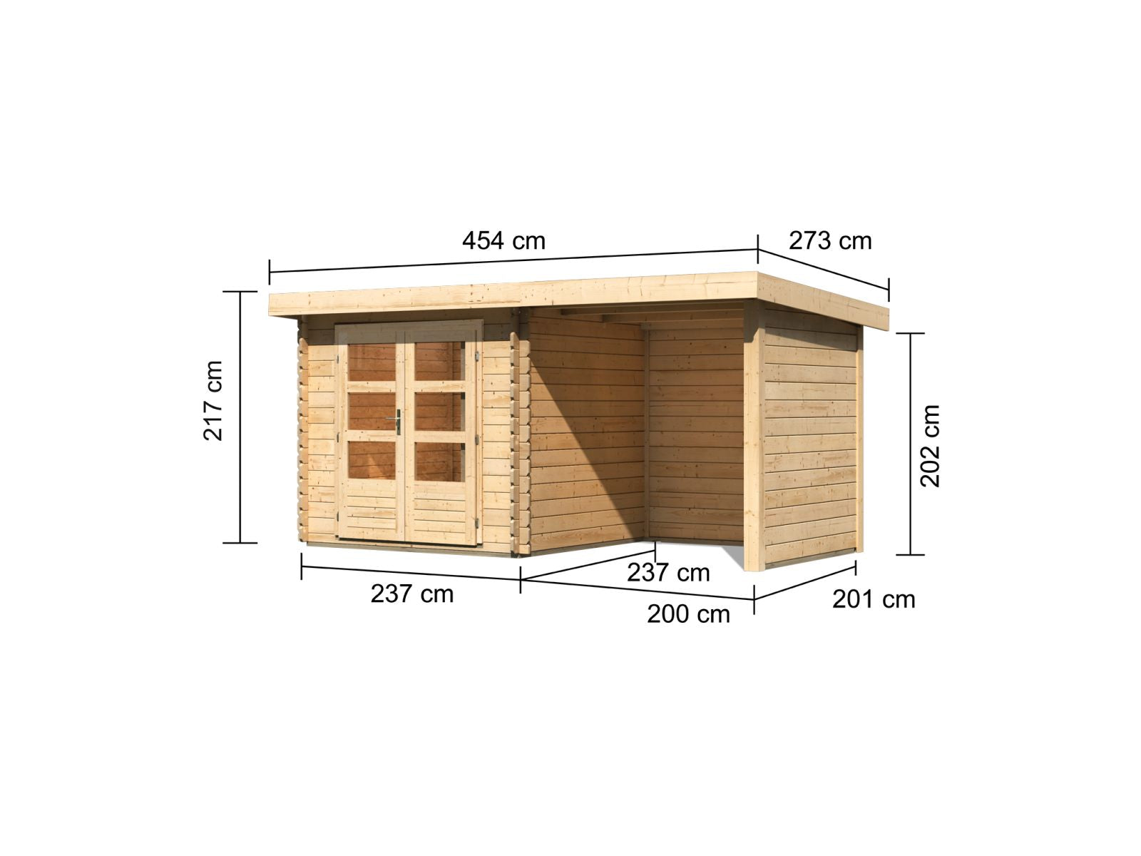 Karibu Gartenhaus Bastrup 2 mit Anbaudach 2 Meter, Seiten- und Rückwand