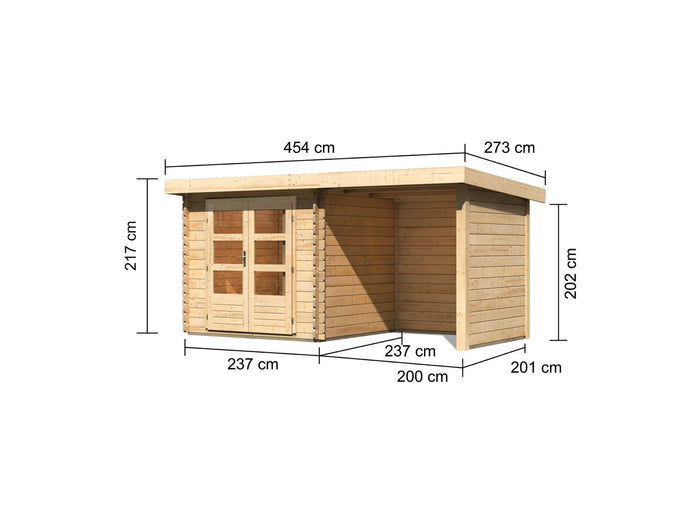 Karibu Gartenhaus Bastrup 2 mit Anbaudach 2 Meter, Seiten- und Rückwand