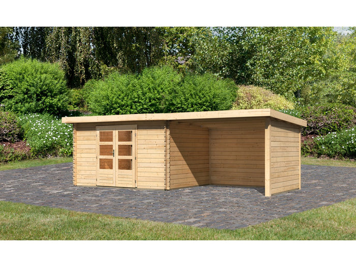 Karibu Gartenhaus Bastrup 7 mit Anbaudach 3 Meter, Rück- und Seitenwand