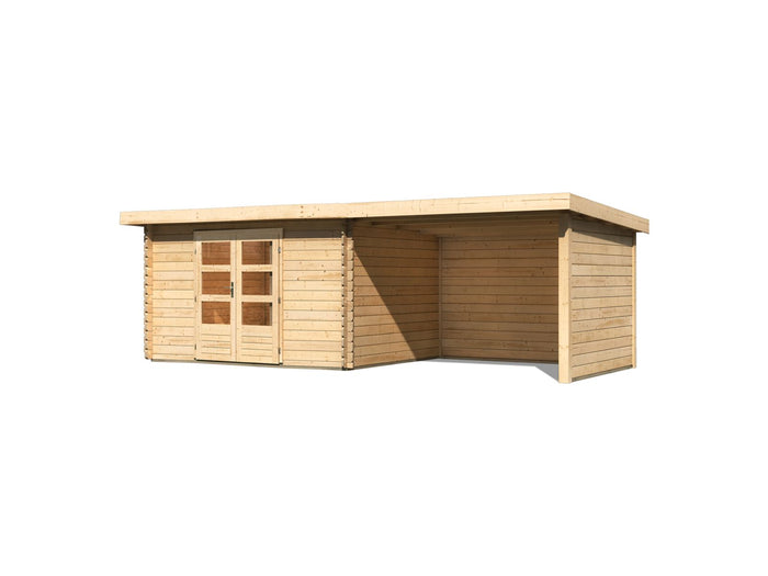 Karibu Gartenhaus Bastrup 7 mit Anbaudach 3 Meter, Rück- und Seitenwand