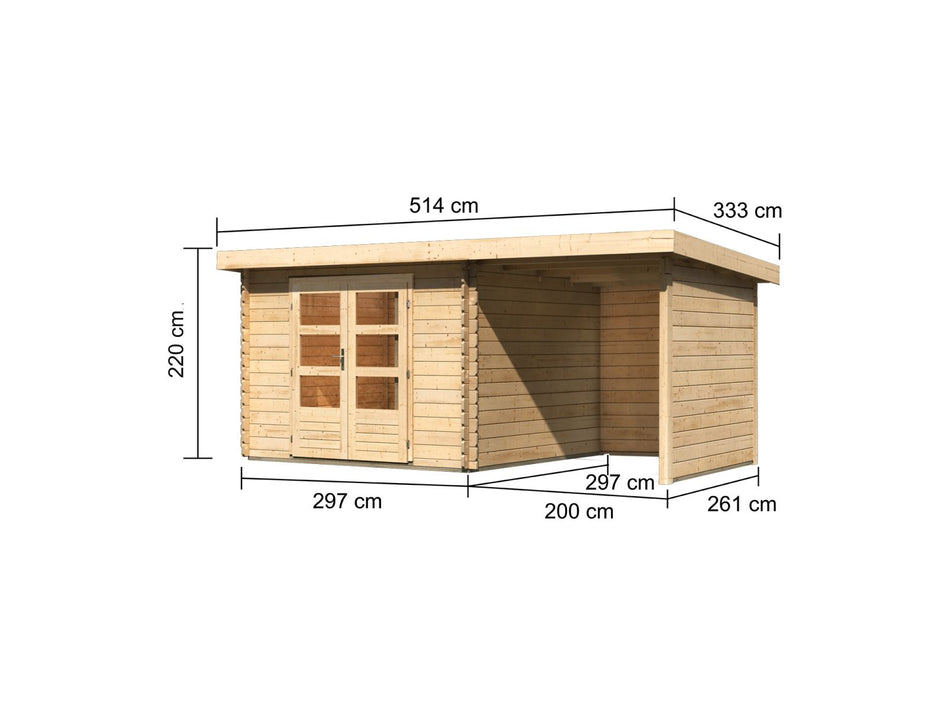 Karibu Gartenhaus Bastrup 5 mit Anbaudach 2 Meter sowie Seiten- und Rückwand natur