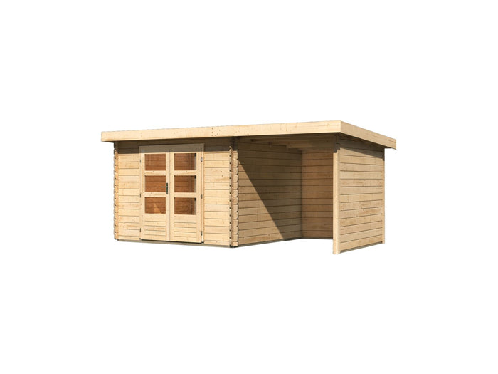 Karibu Gartenhaus Bastrup 5 mit Anbaudach 2 Meter sowie Seiten- und Rückwand natur