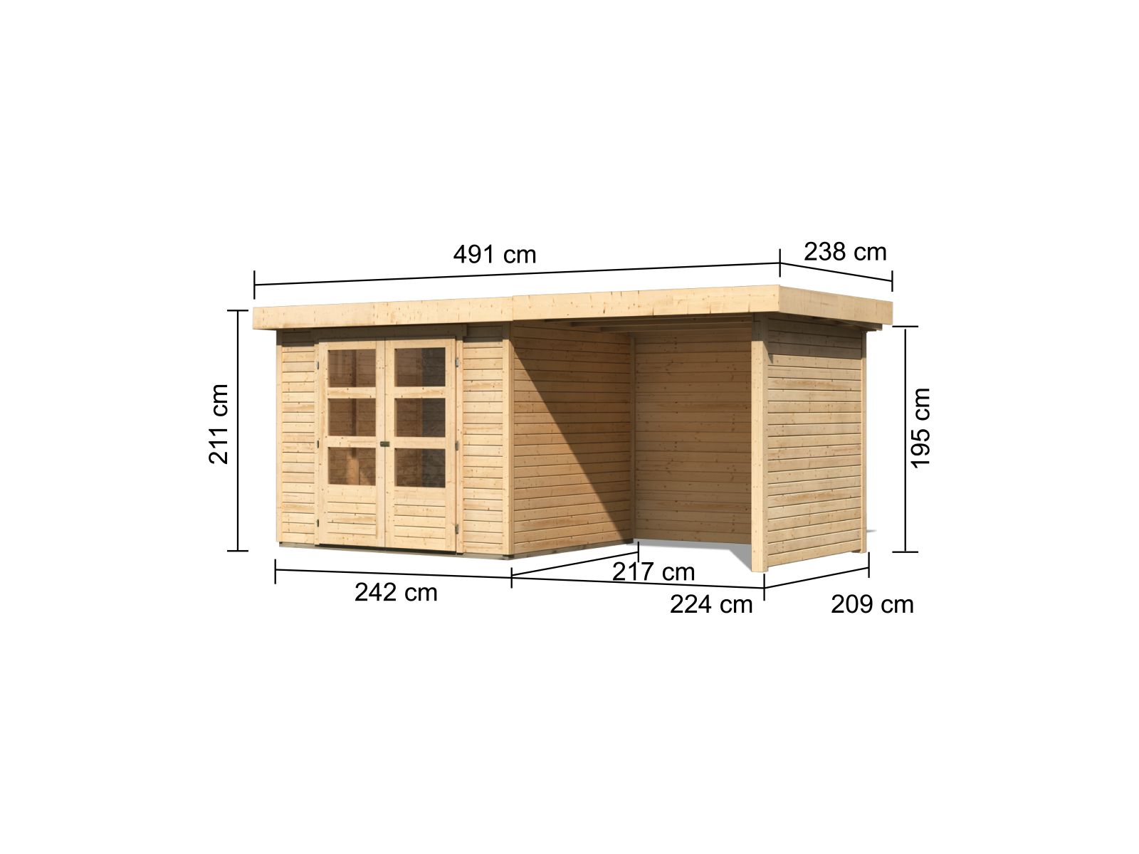 Karibu Gartenhaus Askola 3 mit Anbaudach 2,25 Meter, Seiten- und Rückwand