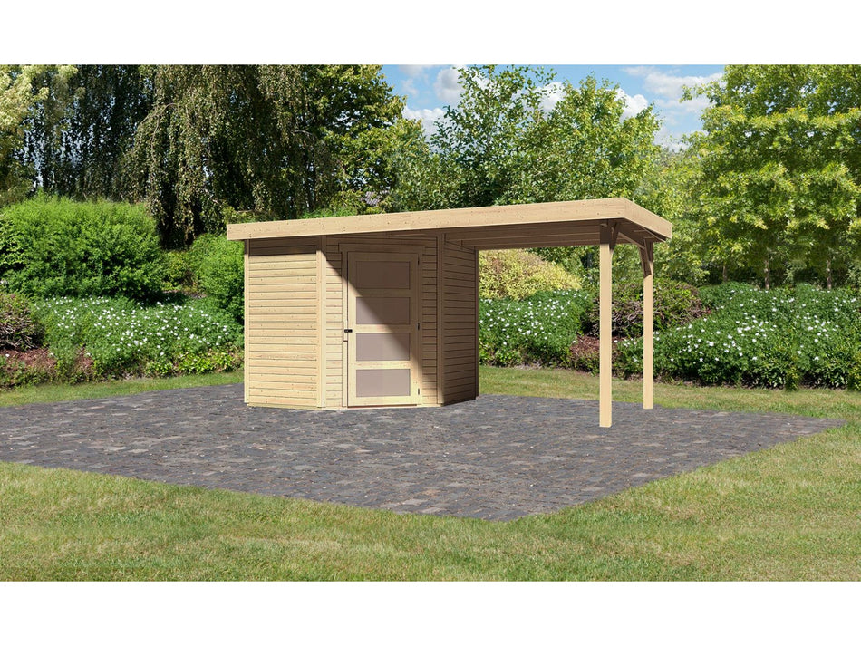 Karibu Gartenhaus Schwandorf 3 natur mit Anbaudach 2,40 Meter
