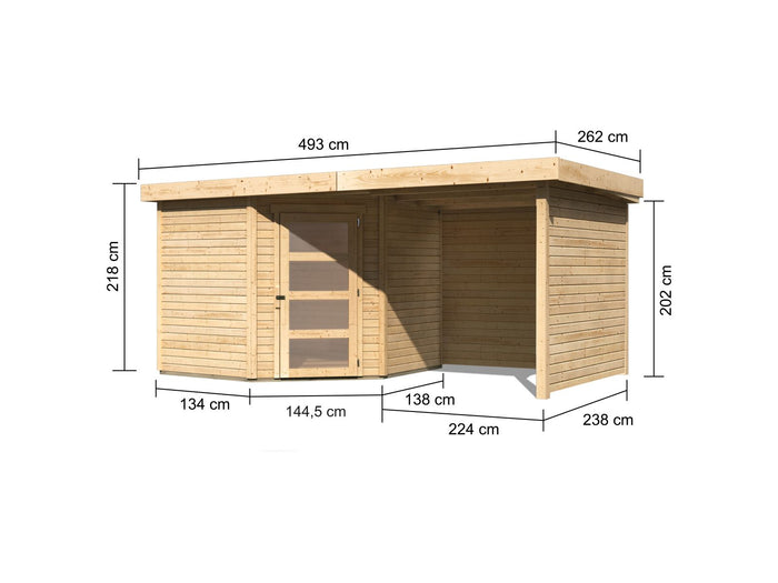 Karibu Gartenhaus Schwandorf 5 natur mit Anbaudach 2,25 Meter, Seiten- und Rückwand