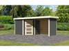 Karibu Gartenhaus Schwandorf 5 terragrau mit Anbaudach 2,25 Meter, Seiten- und Rückwand