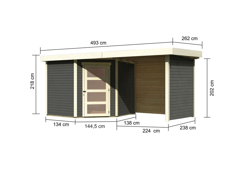 Karibu Gartenhaus Schwandorf 5 terragrau mit Anbaudach 2,25 Meter, Seiten- und Rückwand