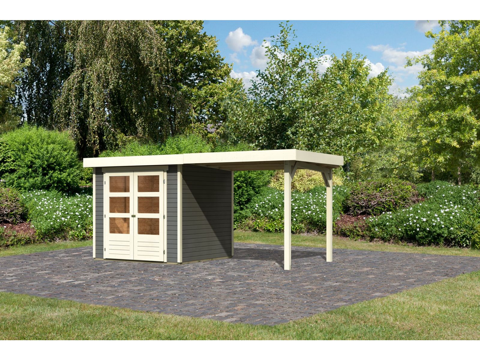 Karibu Gartenhaus Askola 2 terragrau mit Anbaudach 2,40 Meter