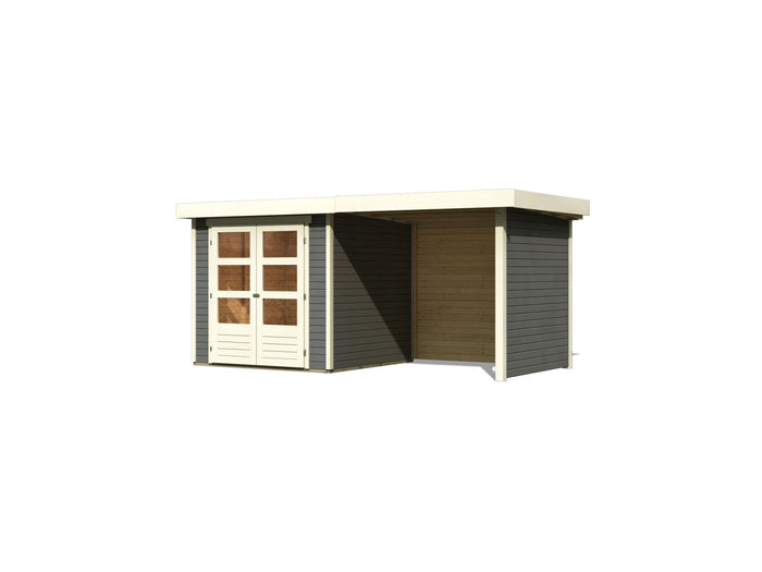 Karibu Gartenhaus Askola 2 terragrau mit Anbaudach 2,40 Meter, Seiten- und Rückwand