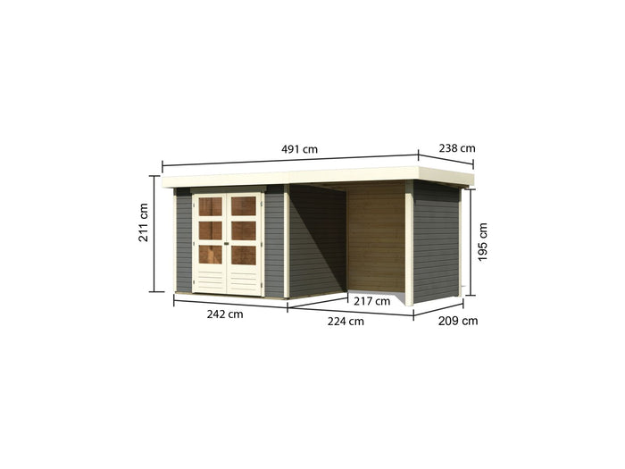 Karibu Gartenhaus Askola 3 in terragrau mit Anbaudach 2,40 Meter, Seiten- und Rückwand