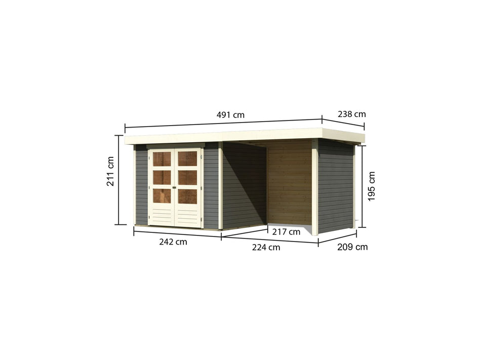 Karibu Gartenhaus Askola 3 in terragrau mit Anbaudach 2,40 Meter, Seiten- und Rückwand