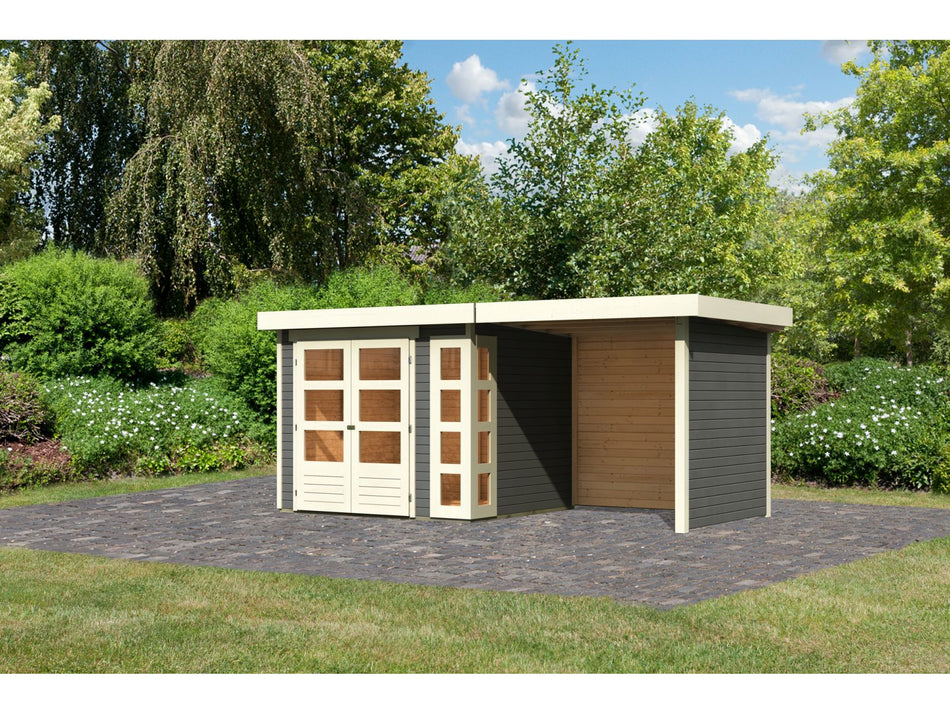 Karibu Gartenhaus Kerko 3 in terragrau mit 2,40 m Anbaudach und Rück-und Seitenwänden