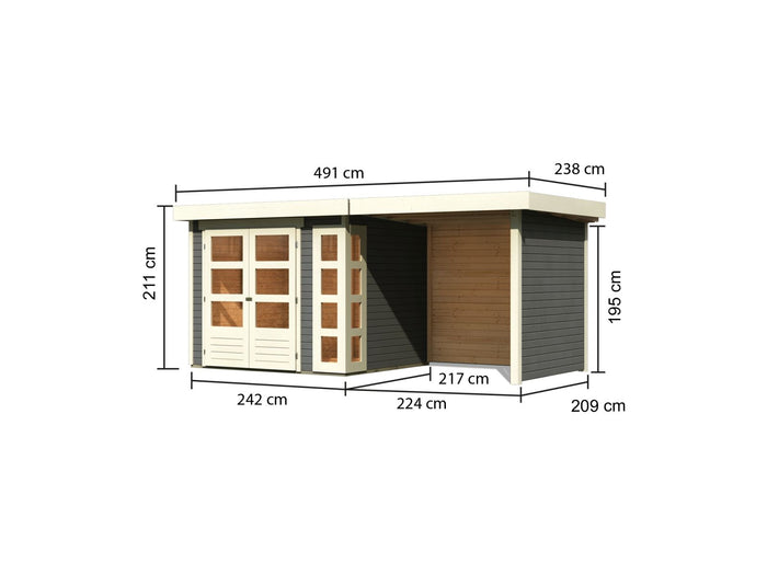Karibu Gartenhaus Kerko 3 in terragrau mit 2,40 m Anbaudach und Rück-und Seitenwänden