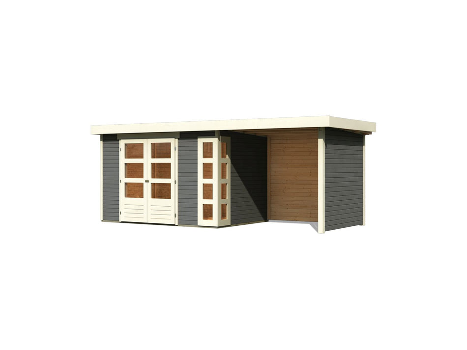 Karibu Gartenhaus Kerko 4 in terragrau mit Anbaudach 2,40 m und Rück-und Seitenwand