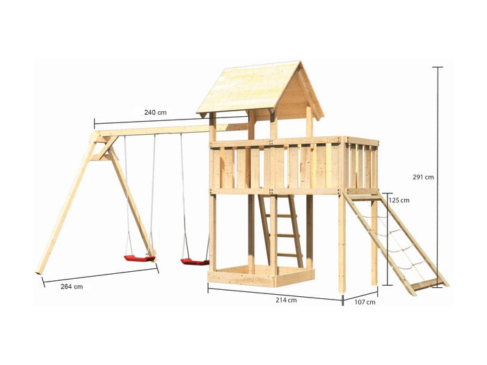 Karibu Spielturm Lotti natur mit Anbauplattform, Netzrampe und Doppelschaukel