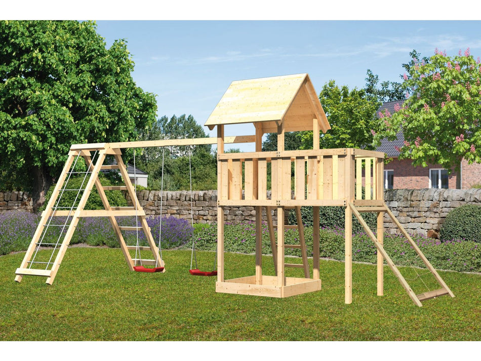 Karibu Spielturm Lotti natur- Anbauplattform- Doppelschaukel inkl. Klettergerüst- Netzrampe