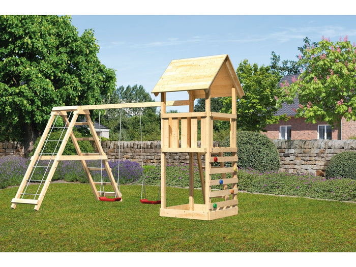 Karibu Spielturm Lotti mit Kletterwand und Doppelschaukel inkl. Klettergerüst