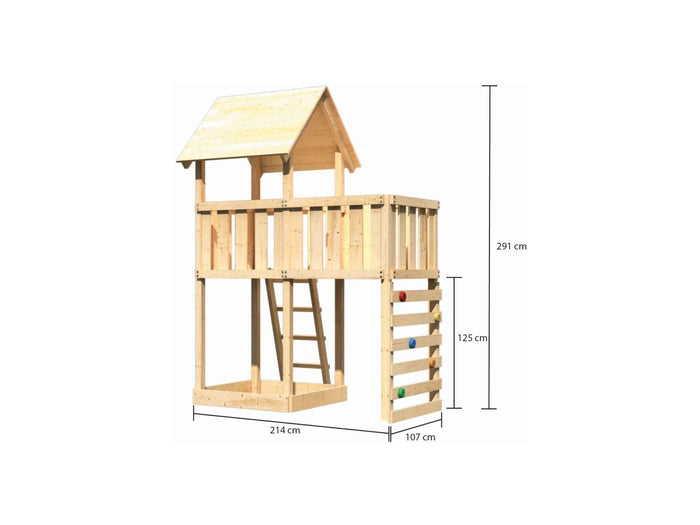 Karibu Spielturm Lotti natur mit Anbauplattform und Kletterwand
