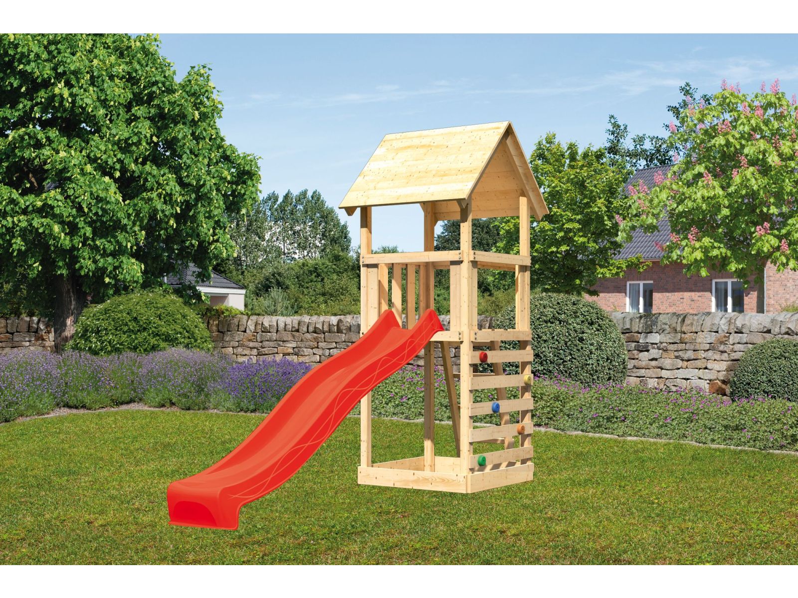 Karibu Spielturm Lotti mit Kletterwand und Rutsche rot