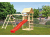 Karibu Spielturm Lotti- Doppelschaukel mit Klettergerüst, Kletterwand und Rutsche in rot