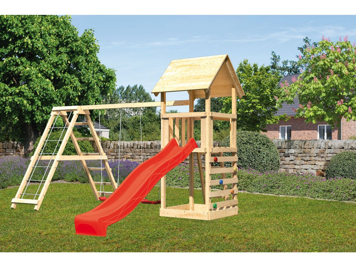 Karibu Spielturm Lotti- Doppelschaukel mit Klettergerüst, Kletterwand und Rutsche in rot