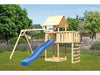 Karibu Spielturm Lotti Satteldach + Rutsche blau + Doppelschaukel + Anbauplattform + Kletterwand