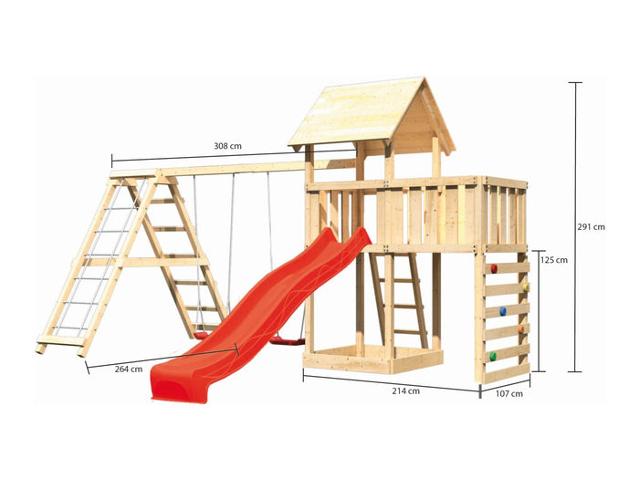 Karibu Spielturm Lotti Satteldach + Rutsche rot + Doppelschaukel Klettergerüst + Anbauplattform + Kl