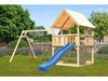Karibu Spielturm Luis Satteldach + Rutsche blau + Doppelschaukel + Kletterwand