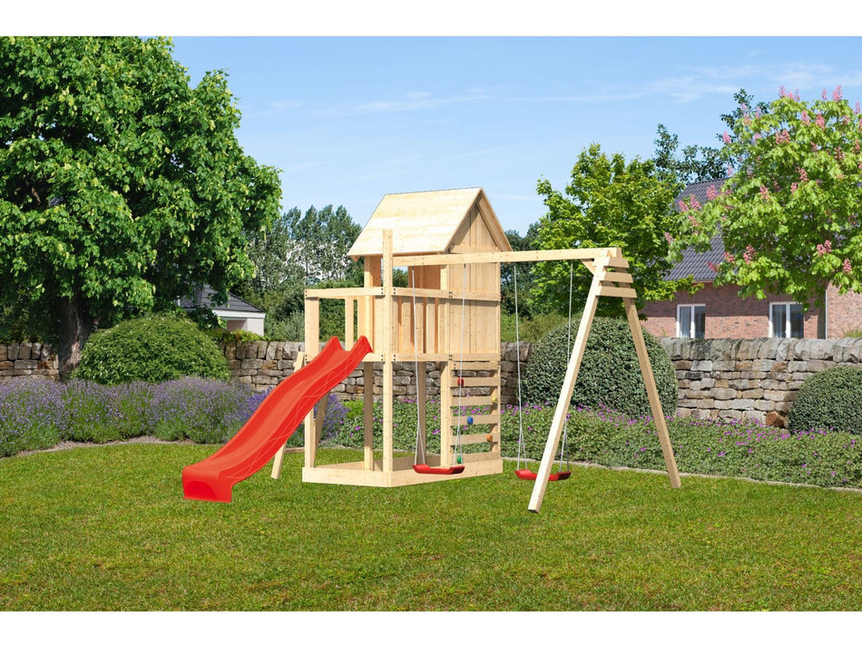 Karibu Stelzenhaus Frieda + Rutsche rot + Doppelschaukel + Kletterwand