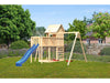 Karibu Stelzenhaus Frieda + Rutsche blau + Doppelschaukel + Anbauplattform + Kletterwand