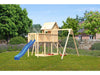 Karibu Stelzenhaus Frieda + Rutsche blau + Doppelschaukel + Anbauplattform + Netzrampe
