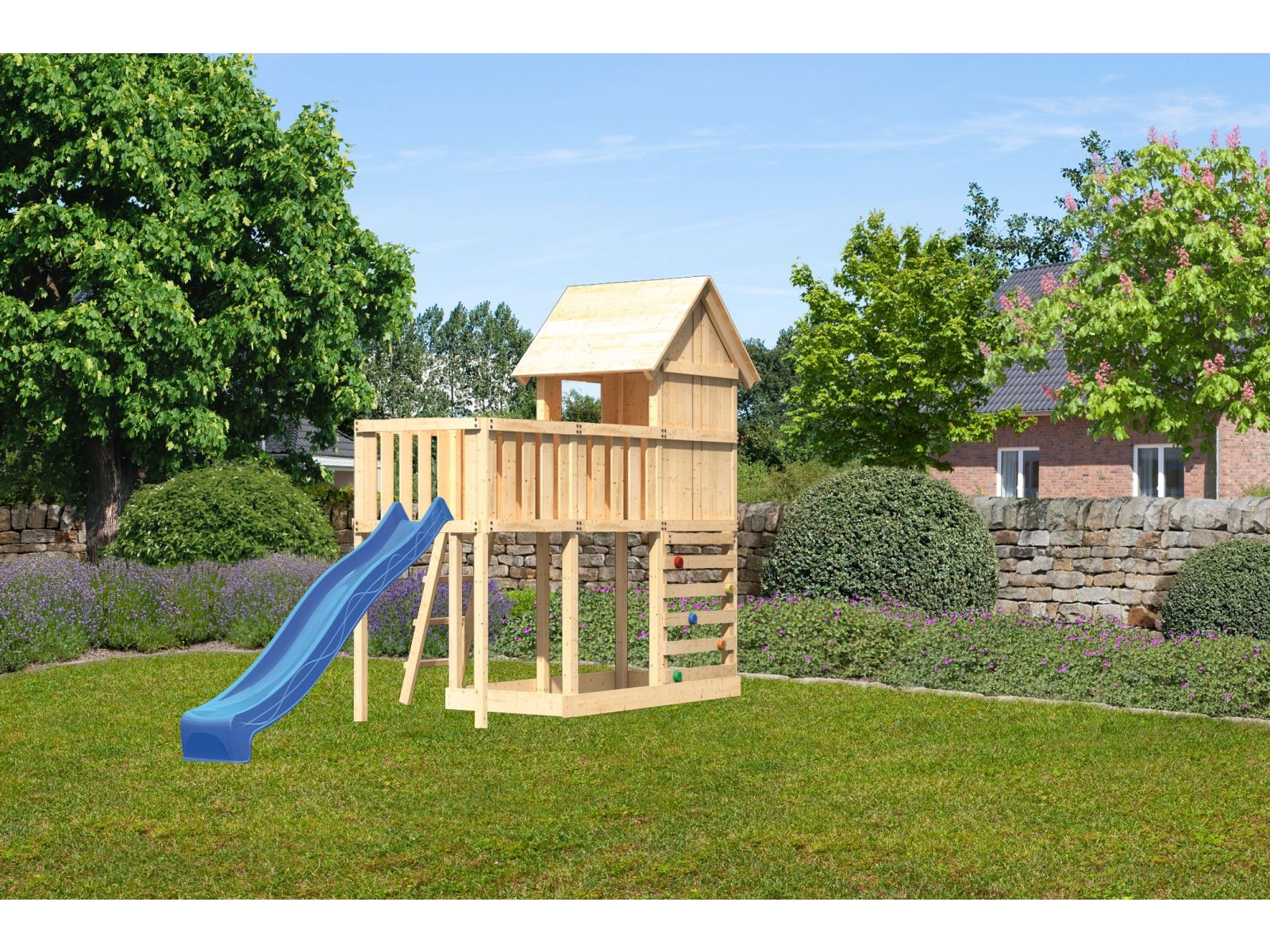 Karibu Stelzenhaus Frieda + Rutsche blau + Anbauplattform + Kletterwand