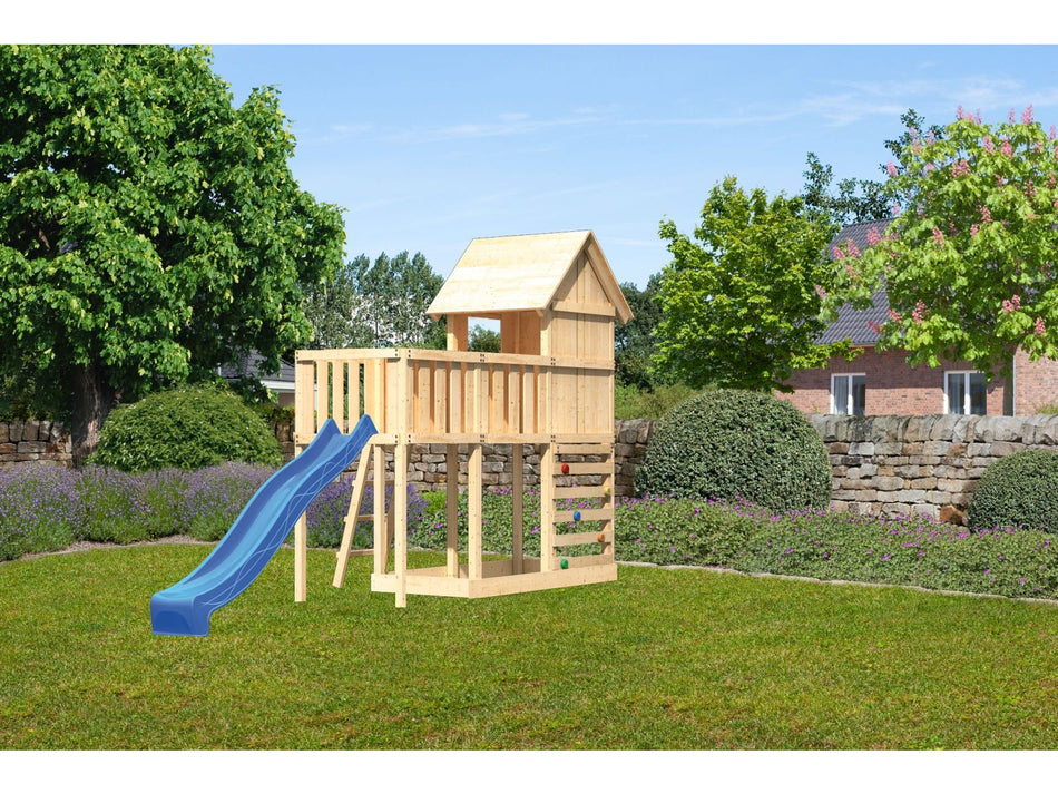Karibu Stelzenhaus Frieda + Rutsche blau + Anbauplattform + Kletterwand