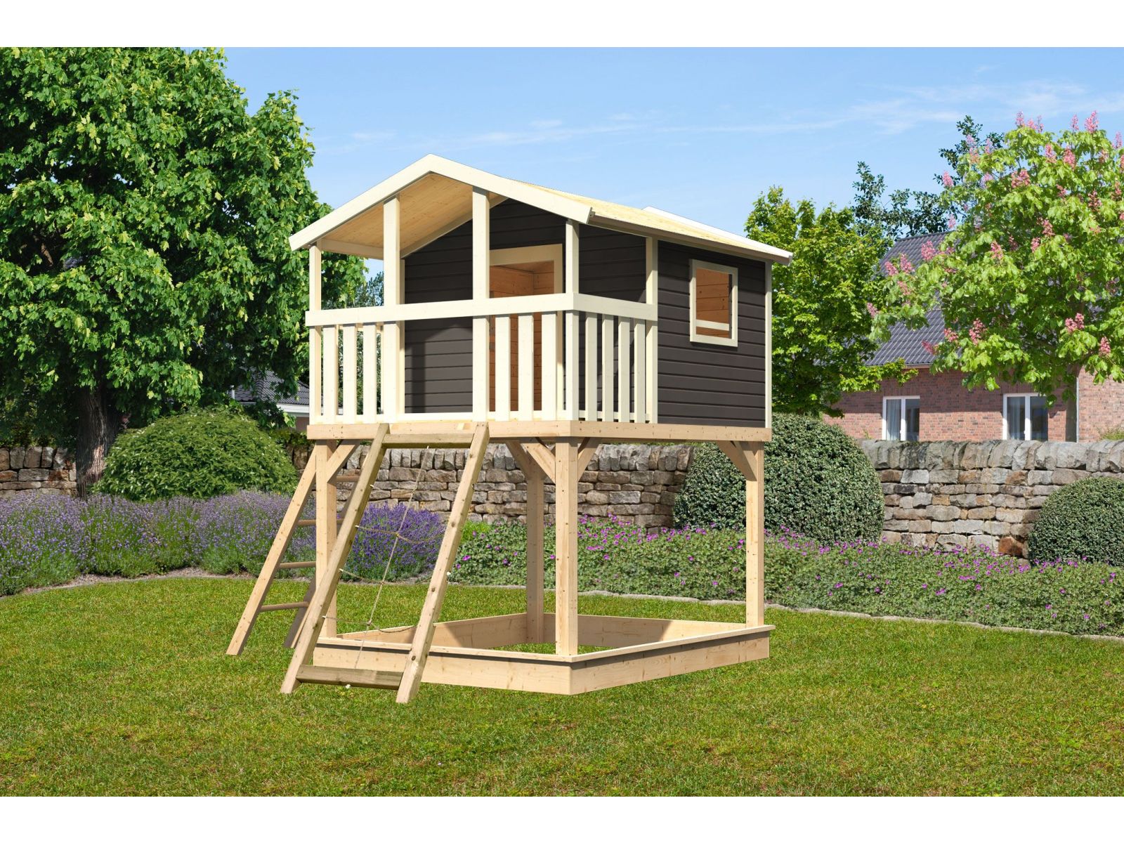 karibu Stelzenhaus Benjamin terragrau mit Netzrampe