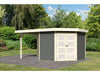 Karibu Gartenhaus Goldendorf 5 terragrau 19 mm mit Anbaudach 2,40 m und Rückwand