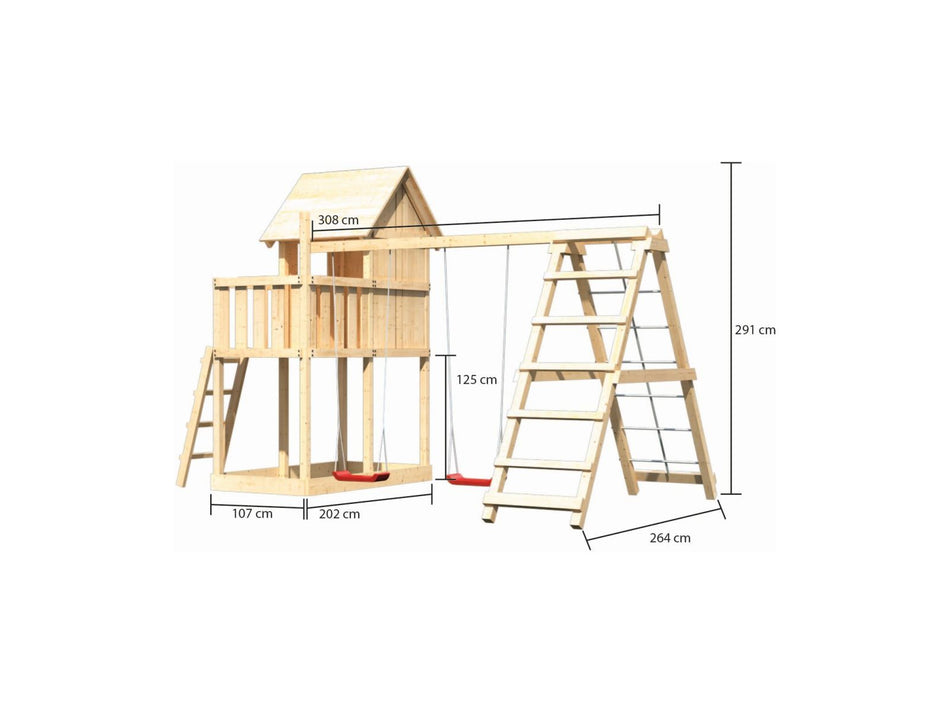 Karibu Stelzenhaus Frieda + Doppelschaukelanbau Klettergerüst
