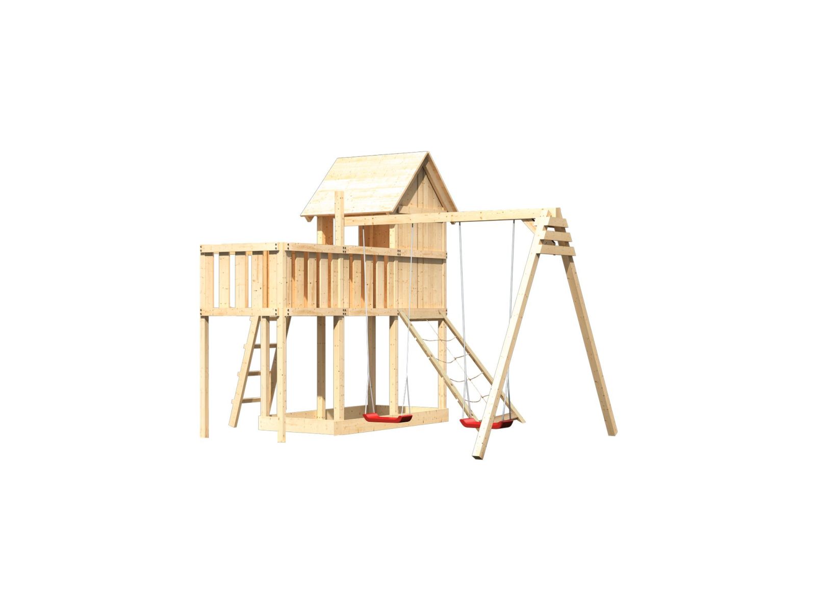 Karibu Stelzenhaus Frieda + Doppelschaukel + Anbauplattform + Netzrampe