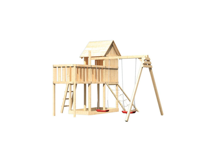 Karibu Stelzenhaus Frieda + Doppelschaukel + Anbauplattform + Netzrampe