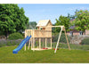 Karibu Stelzenhaus Frieda + Rutsche blau + Doppelschaukel + Anbauplattform