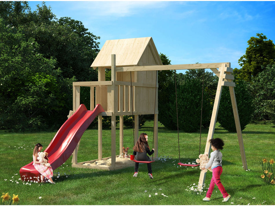 Karibu Stelzenhaus Frieda + Rutsche rot + Doppelschaukel + Anbauplattform