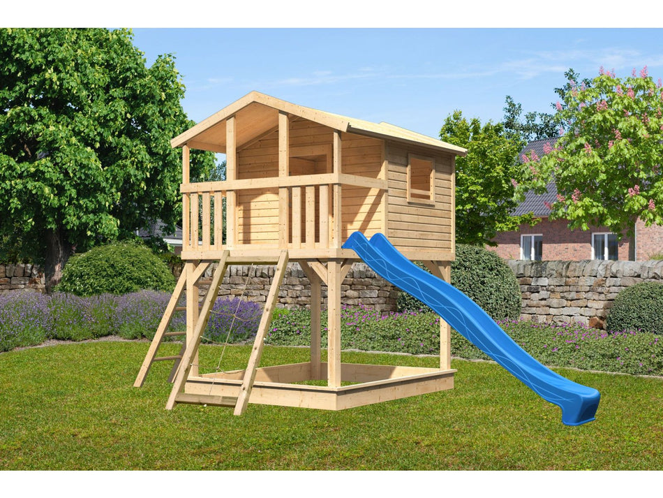 Karibu Stelzenhaus Benjamin natur mit Netzrampe und Rutsche in blau