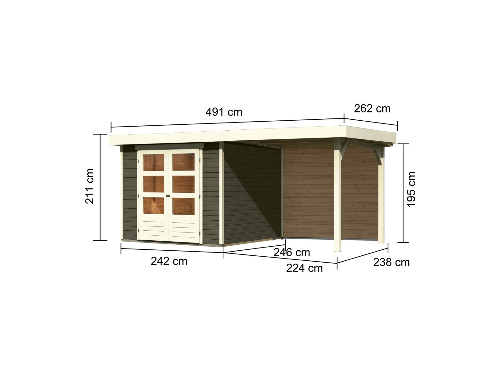 Karibu Gartenhaus Askola 3,5 mit Anbaudach 2,4 m, Rückwand, terragrau