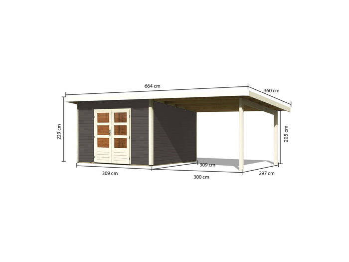 Karibu Gartenhaus Northeim 3 in terragrau mit Anbaudach 3 Meter
