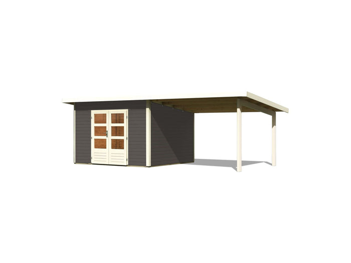 Karibu Gartenhaus Northeim 3 in terragrau mit Anbaudach 3 Meter