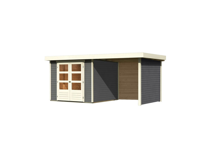 Karibu Gartenhaus Askola 3,5 mit Anbaudach 2,25 Meter, Seiten- und Rückwand in terragrau