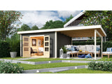 Karibu Gartenhaus Northeim 5 terragrau mit Anbaudach 3 m