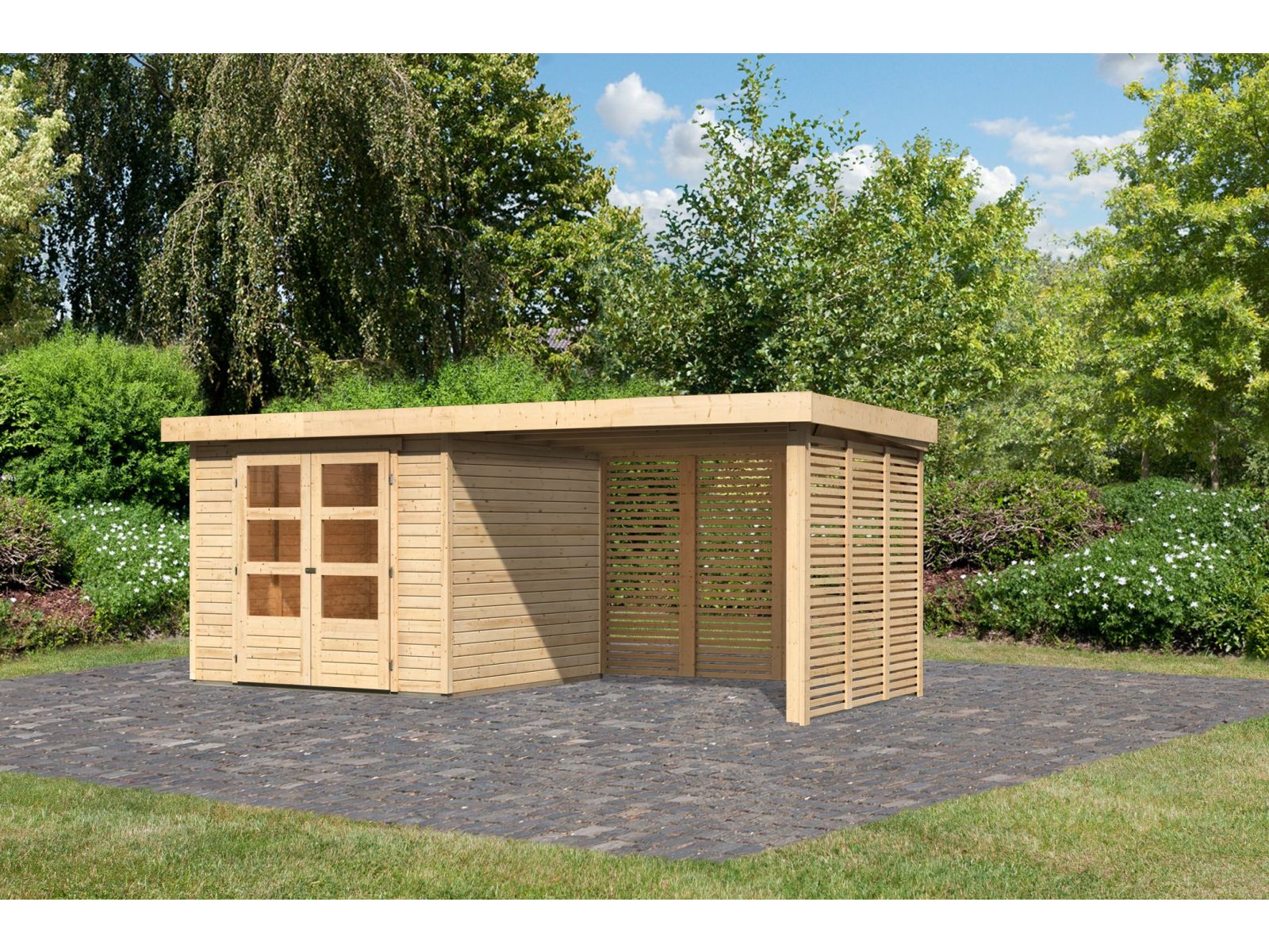 Karibu Gartenhaus Askola 3,5 mit Anbaudach 2,8 m mit Lamellenwänden